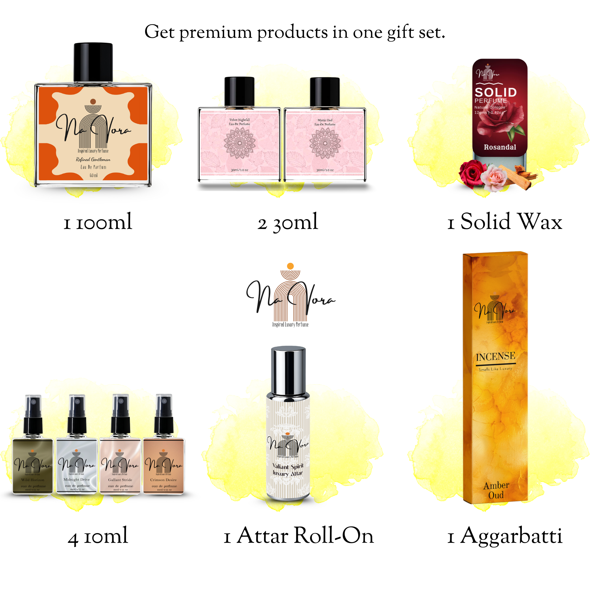 Navora Men's Ultimate Gift Set: 100ml, 2x30ml, 4x10ml EDPs, 12gm Solid Perfume (Rosandal), Attar Roll-On, and Amber Oud Incense.